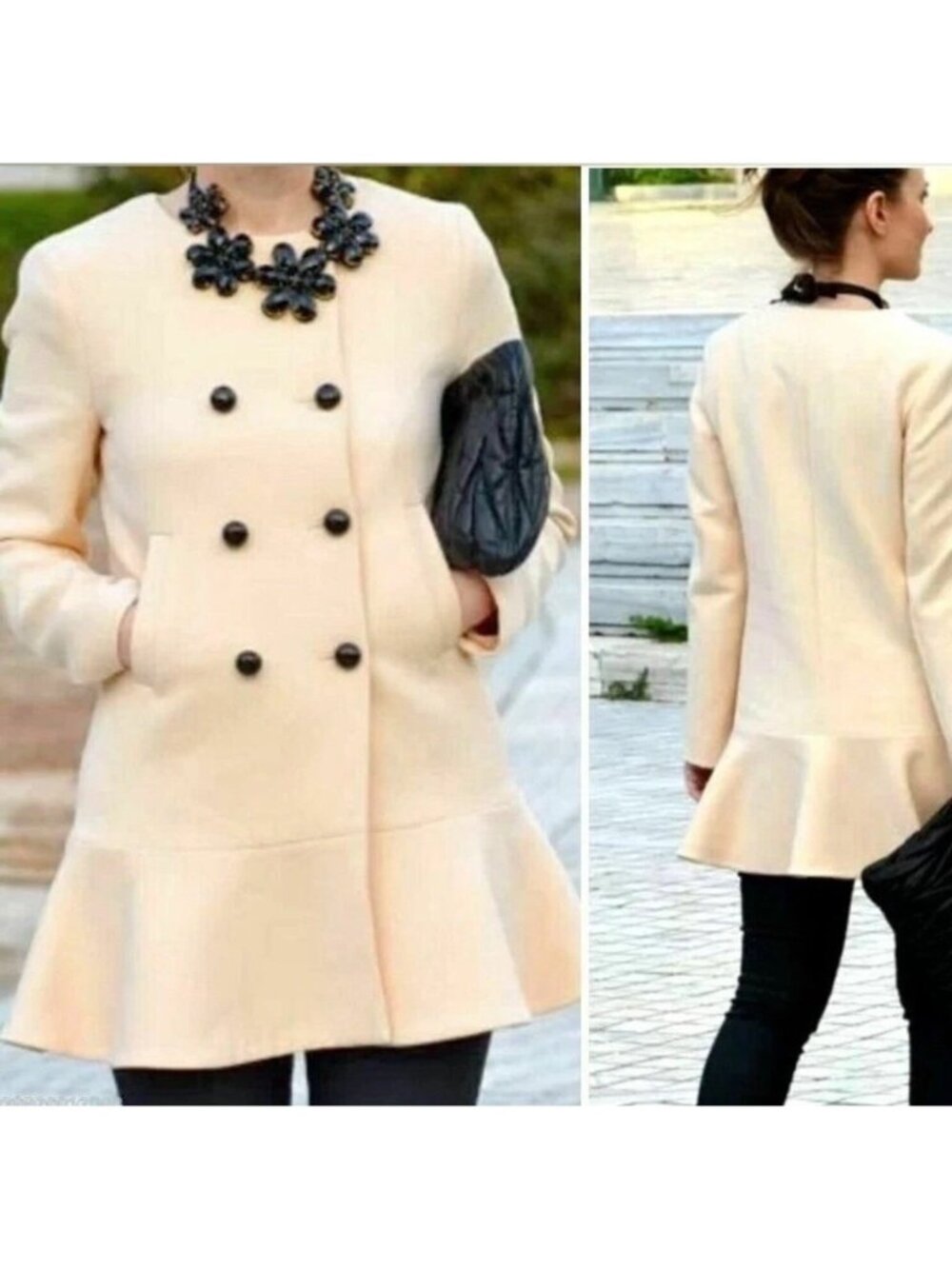 ZARA Woman Cream Beige Double Breasted Ruffle Hem Coat Jacket Size S